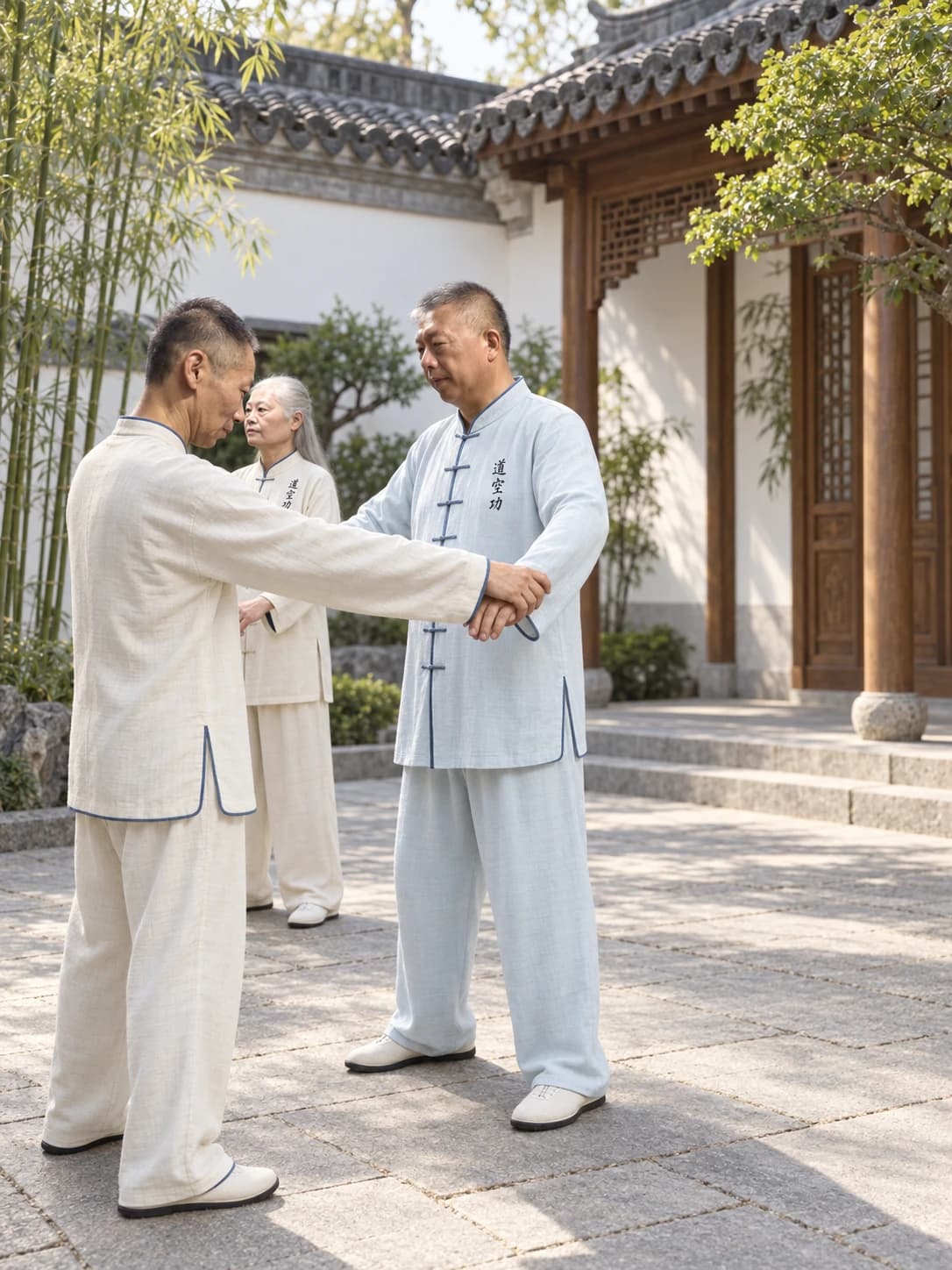 师父在庭院中指导学员练功
